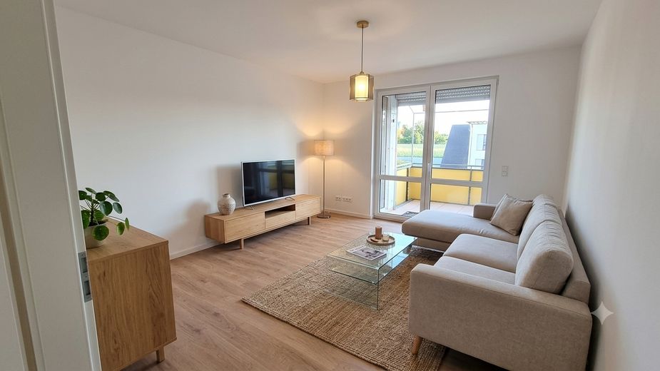 Modernes Wohnglück: Frisch sanierte 3-Zimmer-Wohnung mit Tageslichtbad & Multisplit-Klimatisierung – Wohnzimmer KI