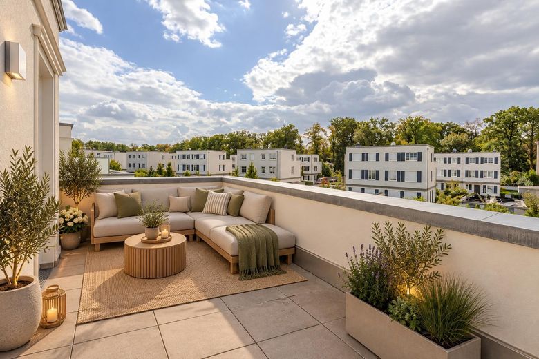 Jungfernsee'deki Belvedere'de yaşam – Güneş alan güney bahçeli şık yarı müstakil ev – Dachterrasse visualisiert