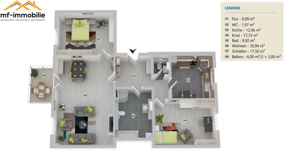 großzügige Erdgeschosswohnung 3 Zimmer 107 m²  mit Einbauküche – Grundriss