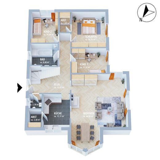 225 qm Familienglück auf 2 Ebenen + Toller Garten, Sauna & Kamin – Grundriss EG