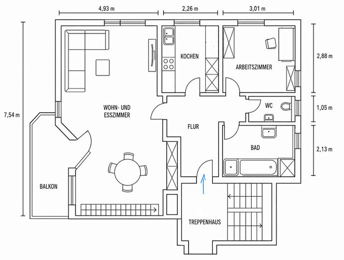 Modernisierte, helle 3 Zimmer DG-Maisonette-Wohnung mit EBK, Balkon, Stellplatz – Grundriss Hauptgeschoss