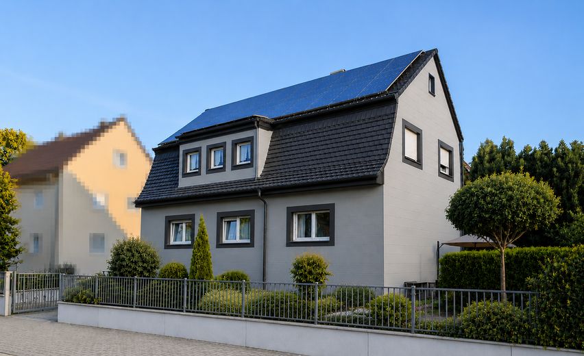 Casa bifamiliare centrale, ampio giardino consolidato, garage doppio, impianto fotovoltaico, senza provvigione – Ansicht Haus Süd-Ost KI