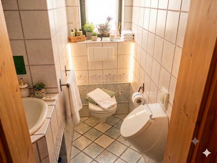 Großzügig wohnen, clever heizen (VHB): Architektenhaus mit Fußbodenheizung, Galerie & Specksteinofen – Gäste WC