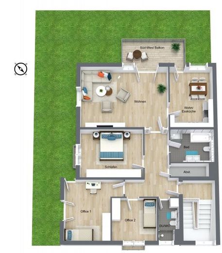 Appartamento per famiglie di rara bellezza – balcone esposto a sud-ovest, 2 bagni e posizione tranquilla di prim’ordine a Freiburg-Vauban – Grundriss 3D