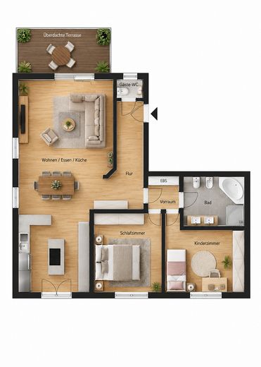 Komisyonsuz: Teraslı, konut amaçlı kullanılan bodrum katı ve hobi/sinema odalı 3,5 oda – Erdgeschoss