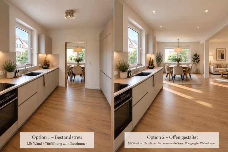 Bungalow indipendente su 669 m² · posizione ai margini del ruscello e dei campi · potenziale eccezionale! – Mögliche Küchenvarianten 
