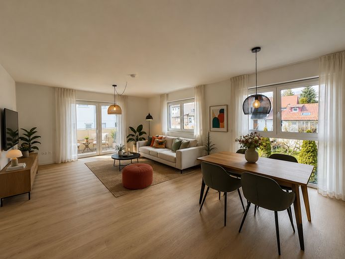 Advance notice - barrier-free 3-room apartment in Taufkirchen Vils – first occupancy from December 2026 – Wohnzimmer - KI generiert