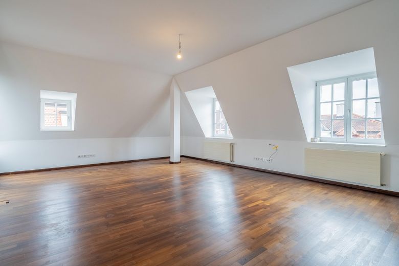 Moderne Dachterrassen-Maisonette-Wohnung mit denkmalgeschütztem Altbauflair – Wohn-/Essbereich (leer)