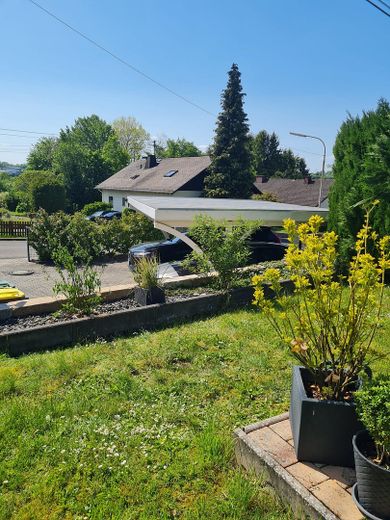 Doppelcarport von Garten aus 