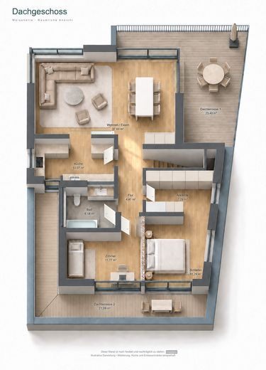 Vistas despejadas de 180° al Spree y vistas a zonas verdes - ático tipo maisonette en casa de tres viviendas –  Isometrie / 3D-Grundriss DG