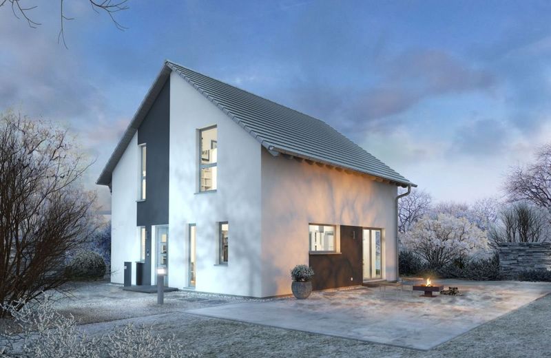 EINFAMILIENHAUS MIT OFFENER ARCHITEKTUR – Ansicht Eingang/Garten Winter