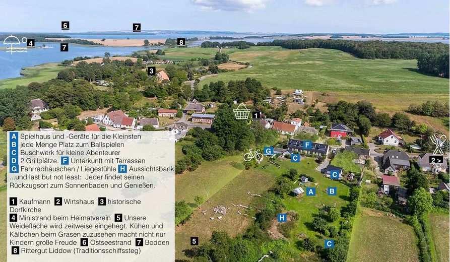 Ferieninvestment + Lebensperspektive + Land auf Rügen – Luftbild mit Beschriftung