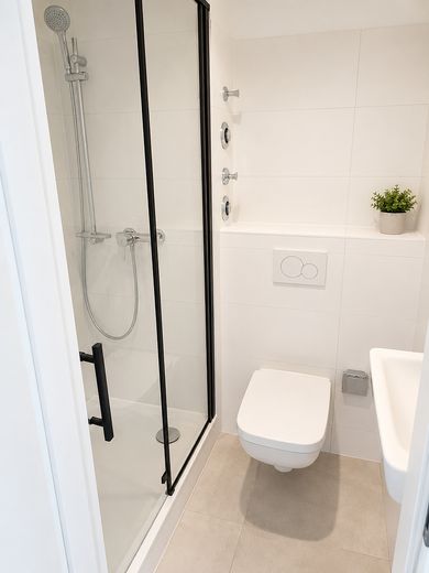 First occupancy after modernization: Partially furnished 1-room apartment in Munich-Sendling – Duschbad