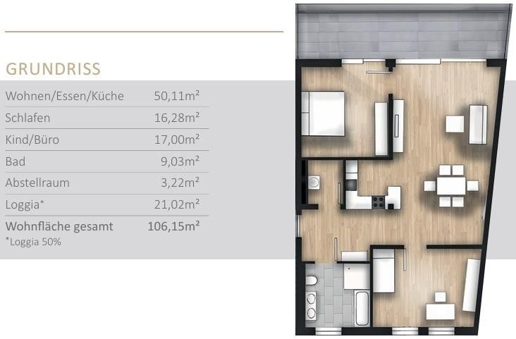 3,5 غرف - الطابق الثاني - مطبخ مركب – Grundriss