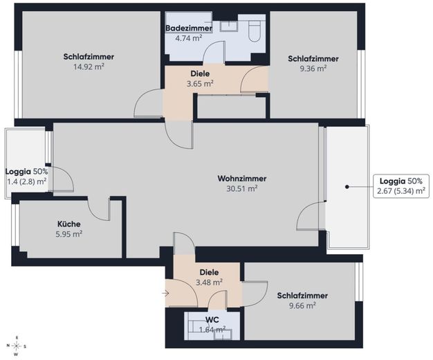 Mahndorf | Helle 4-Zimmer-Wohnung mit zwei Loggien und grünem Ausblick – S&amp;P | Grundriss 2. Obergeschoss
