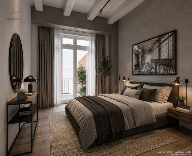 Diskrete Vermarktung: Denkmalwohnung mit Balkon und attraktiven Steuervorteilen – Schlafzimmer (Illustration)