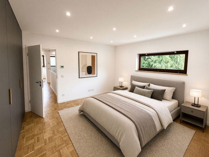 Einziehen & Wohlfühlen – hochwertig renoviertes Reihenendhaus mit Garten, Garage & PV – OG_Schlafzimmer_Impression KI 