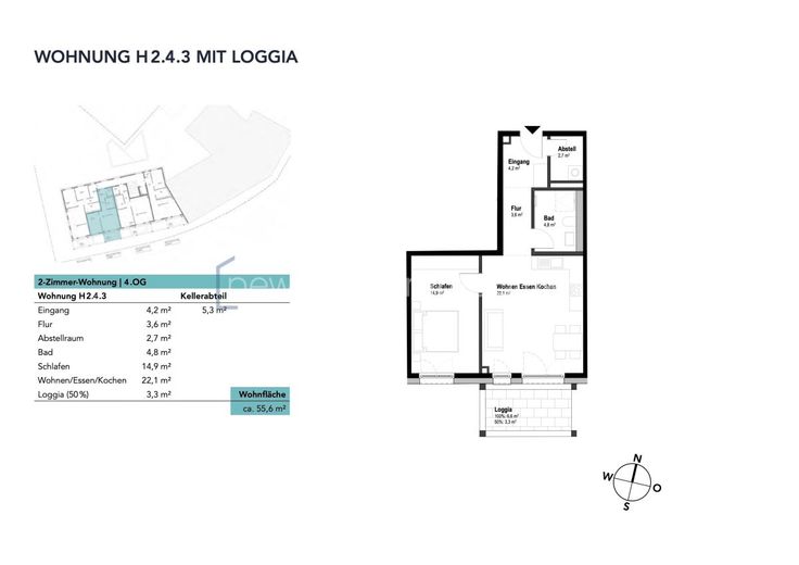 2-Zi. - Eigentumswohnung im ILLERPARK | 55,6 m² | Erstbezug (2.4.3) – Wohnung H2.4.3 mit Loggia