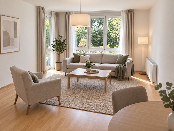3-Zi-Gartenwohnung mit Terrasse und TG – ab sofort frei – KI Wohnzimmer Gartensicht