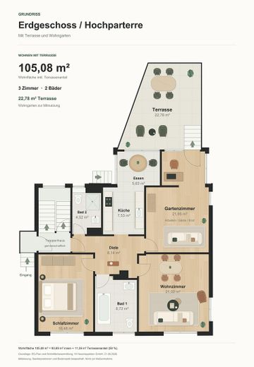 Mieszkanie ogrodowe z poczuciem domu: 105 m² z dużym tarasem w pobliżu Frankfurtu – Grundriss