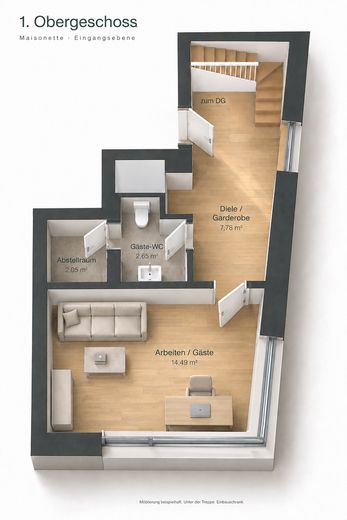 Vistas despejadas de 180° al Spree y vistas a zonas verdes - ático tipo maisonette en casa de tres viviendas – 3D - Grundriss / Isometrie OG