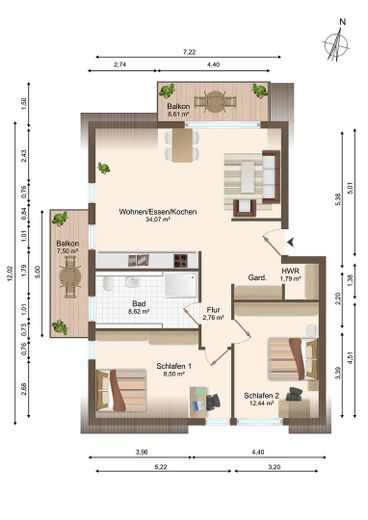 Bright 3-room top-floor new-build apartment with a great view – Grundriss