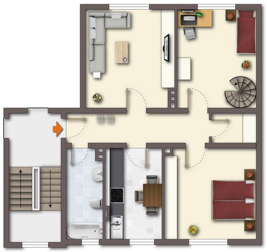 5 Zimmer Maisonett-Wohnung mit 2 Bädern und ca. 124 m² Wohnfläche im beliebten Langerfeld – Unten mit Beispielmöblierung