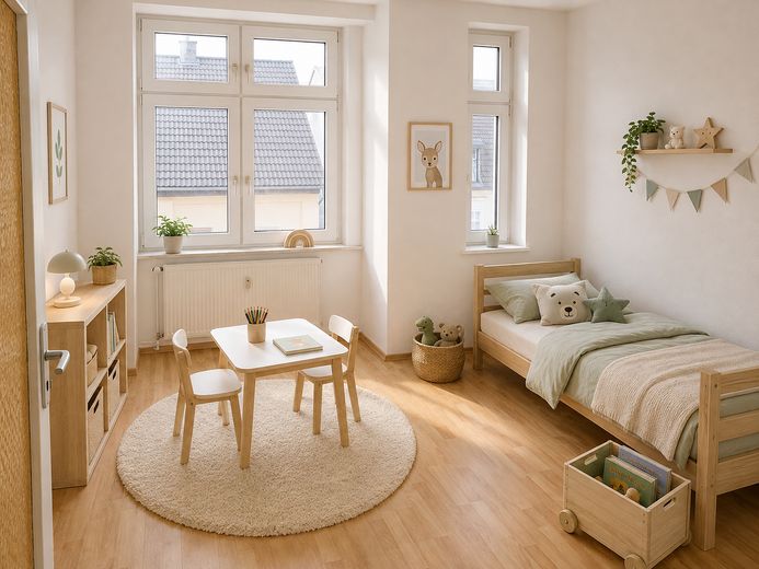 Простора 3-кімнатна квартира в старому будинку в Герде | 86 м² | Балкон | відремонтована | без комісії / новий дах – Kinderzimmer  KI generiert