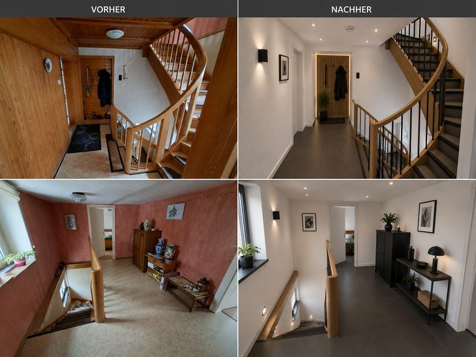 Encantadora casa de entramado de madera con patio interior, dos garajes y mucho potencial – Treppenhaus aktuell - KI Idee