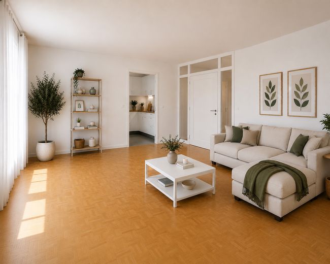 Appartamento per famiglie di rara bellezza – balcone esposto a sud-ovest, 2 bagni e posizione tranquilla di prim’ordine a Freiburg-Vauban – Wohnzimmer 