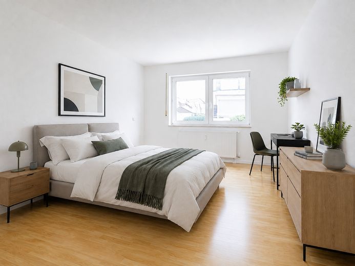 Słoneczne mieszkanie 2-pokojowe przed Freiburgiem | balkon od strony południowo-zachodniej | łazienka z oknem | dostępne od zaraz – Schlafzimmer - Visualisierung