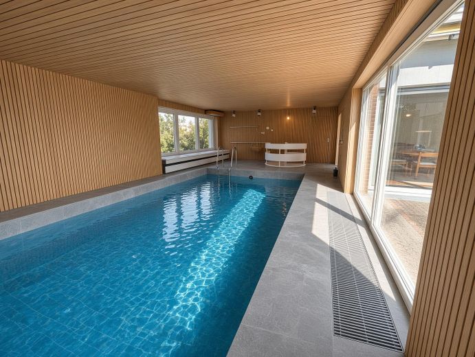 Bungalow de arquitecto con piscina cubierta en Limburgerhof – Schwimmhalle KI
