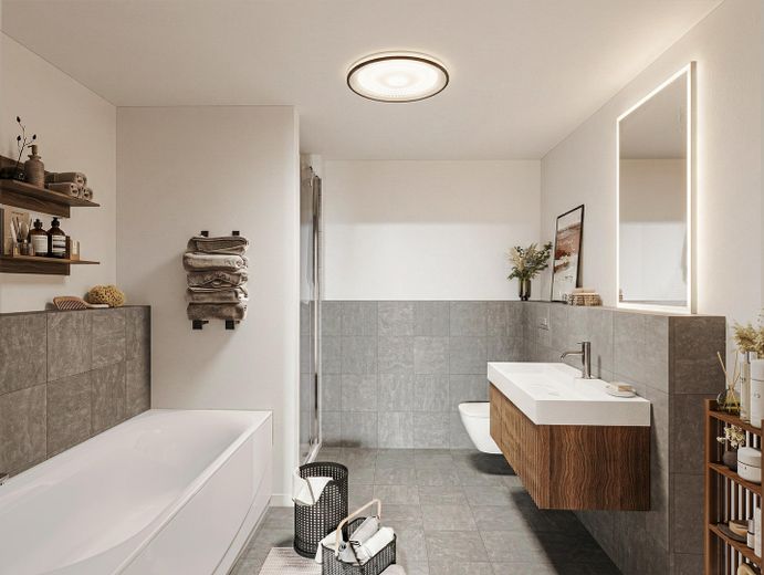 Zentrale Lage in Aschaffenburg: 4-Zimmer-Wohnung mit Balkon, Aufzug & Erstbezug nach Kernsanierung – Badezimmer