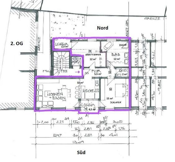 Grundriss Wohnung 2. OG, 82 qm