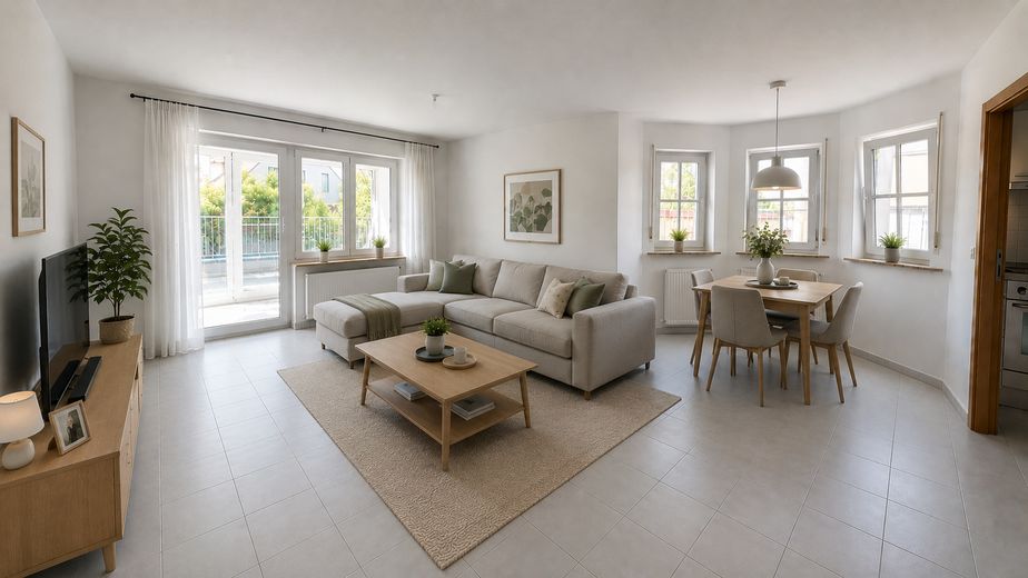 Appartamento di 3,5 locali. Piano terra, terrazza, posto auto + garage interrato. Privo di barriere, senza provvigione, da privato, senza agenzia – Wohnzimmer (mit KI möbliert)