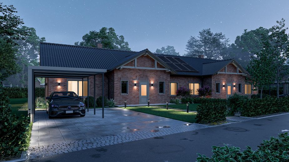 Demi-maison bungalow haut de gamme avec cuisine équipée et sauna – situation attractive et calme à Barum – Aussenansicht bei Nacht 
