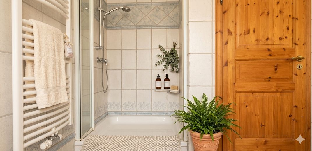 Großzügig wohnen, clever heizen (VHB): Architektenhaus mit Fußbodenheizung, Galerie & Specksteinofen – Badezimmer mit Dusche