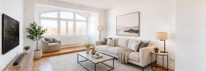 متاحة للسكن فورًا: شقة تمليك دون عمولة في مبنى قديم مُعتنى به – Visualisierung Wohnzimmer