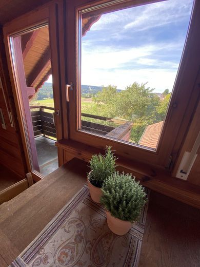 Furnished apartment (75 m²) with fabulous views – Blick vom Esstisch ins Grüne