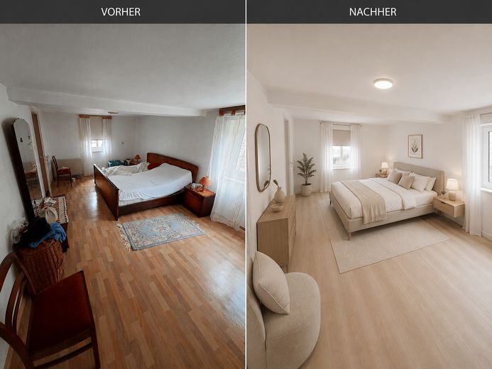 Encantadora casa de entramado de madera con patio interior, dos garajes y mucho potencial – Schlafzimmer aktuell -KI Idee