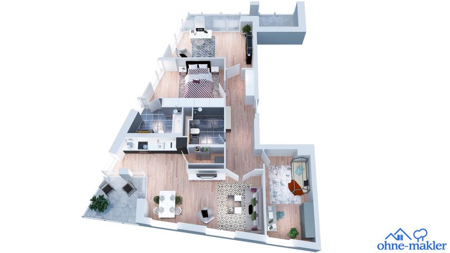 4 Zimmer Wohnung mit direktem Spreeblick und Weitblick über die Stadt – 3D Grundriss