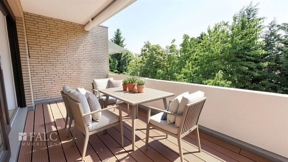 Stilvolle Maisonette-Wohnung mit zwei Balkonen und Kamin in begehrter Lage von Düsseldorf – Balkon unten - (KI generiert)