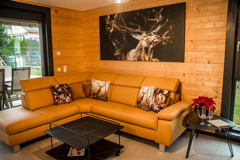 Möbliertes Holzhaus mit 2 Wohnungen, Garten, Balkon, inkl. Küchen - Windschläg 970.000€ zzgl. MwSt. – Wohnzimmer EG
