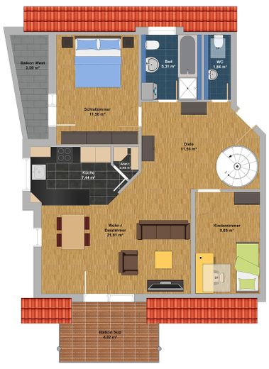 Maisonette mit Weitblick – 2 Balkone, Studio & Tiefgarage am ruhigen Ortsrand (provisionsfrei) – Grundriss OG (visualisiert)