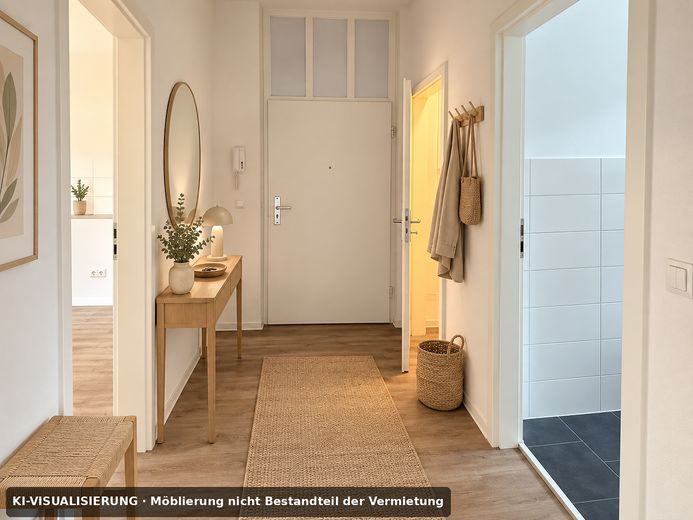 Wonen met geschiedenis & uitzicht op groen – gemoderniseerd 2-kamerappartement met balkon en uitzicht op de klokkentoren – Flur - KI-Visualisierung