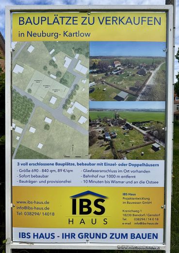 Provisions- und bauträgerfrei: Voll erschlossenes Baugrundstück in Kartlow – 10 Min. bis Wismar! – Bauschild