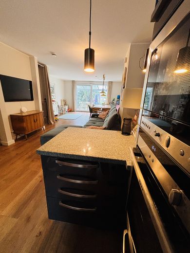Doppelhaushälfte mit Dachterrasse, Keller, Sauna und Whirlpool, EBK, Photovoltaik, grüner Garten – Blick aus Küche ins WZ