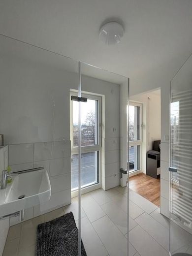 Neubau - helle 1-Zi Whg, voll eingerichtet + vollmöbliert, Bad mit Fenster - ab 12/26 provisionsfrei – Bad mit Glasschiebetüre