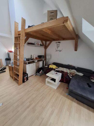 Luminoso appartamento mansardato | 2 locali, cucina, letto rialzato e vasca da bagno | Animali domestici "Sì" – Wohnbereich mit Hochbett