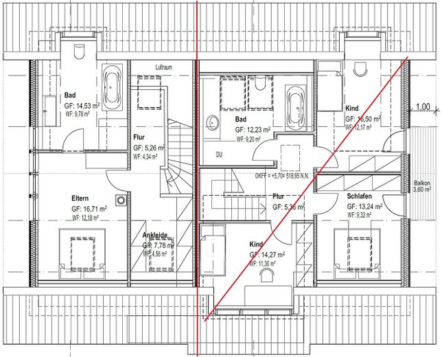 Doppelhaushälfte in Holzmassivbauweise – KfW 40 Plus, ca. 150 m², S/W-Garten & beheiztes KG – Grundriss DG